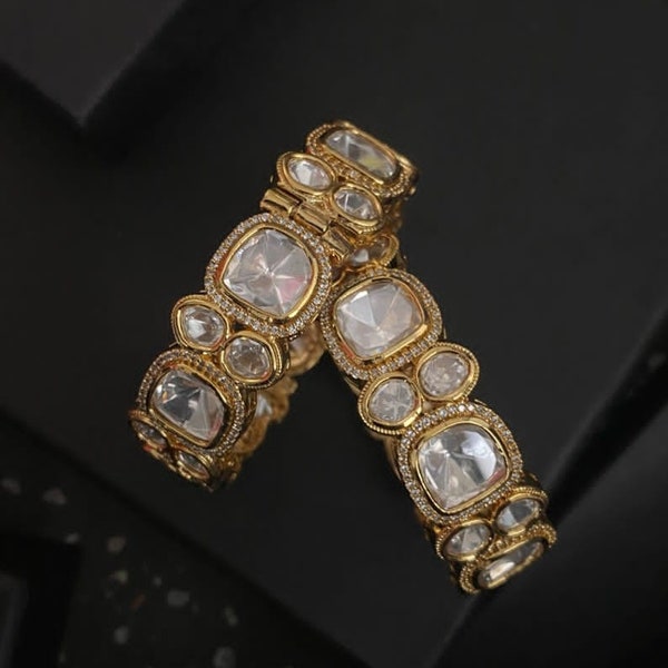 Pair of moissanite victorian dualtone bracelet|uncut polki kundan openable|sabyasacchi bangle|kada|wedding jewelry|indian|pakistani jewelry