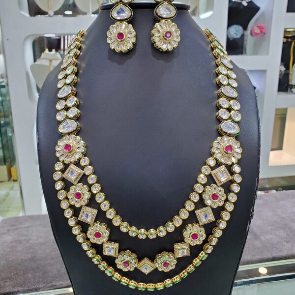Conjunto de collar de diamantes Polki - Collar de cuentas blancas Jodha Akbar - Rani Haar - Conjunto de collar largo Rajwada - Joyería paquistaní - Novia de boda