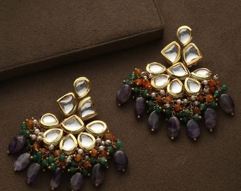 Kundan earring crystal Gold Plated Indian Chaandbali Earrings/ Sabyasachi Kundan Chandbali Earrings with Jhumka