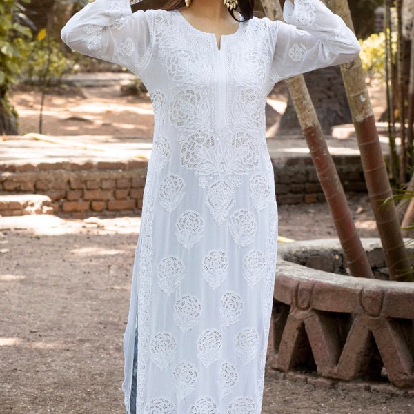 VISCOSA MUKESH KURTI - Kurti lungo in viscosa pura arte Chikankari autenticamente realizzato a mano con lavorazione Mukesh