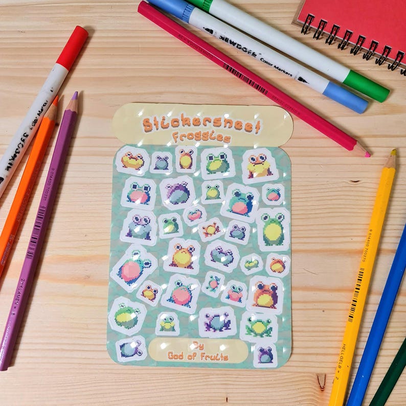 Pixel Art Frog Stickers | Handmade Sticker Sheet - Etsy