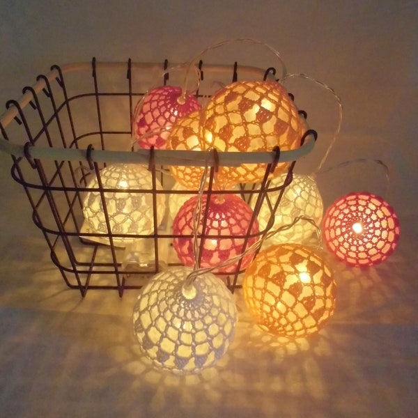 Guirlande de boules lumineuses, guirlande lumineuse en coton, guirlande lumineuse au crochet, idée cadeau, décoration lumineuse, veilleuse