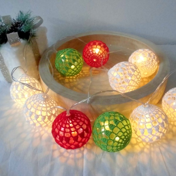 Guirlande lumineuse de Noël, guirlande boule lumineuse coton, guirlande lumineuse au crochet, idée cadeau, décoration lumineuse, veilleuse