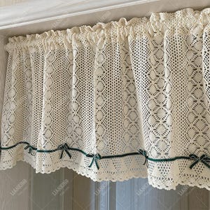 Handmade Crochet Valance Curtain: Beige Cotton Farmhouse Kitchen Drape