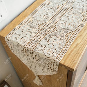 Handmade Crochet Table Runner,Rose Pattern Knitted Table Runner,Farmhouse Dining Decor Scarf with Tassels
