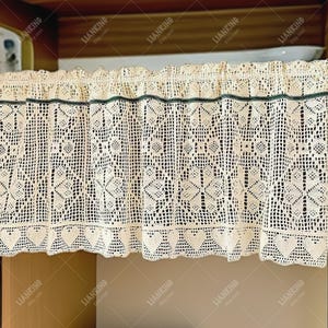 Beige Crochet Café Curtain, Farmhouse Short Cotton Lace Valance for Kitchen, Bathroom,Handmade Knitted Light Filtering Winodw Panel