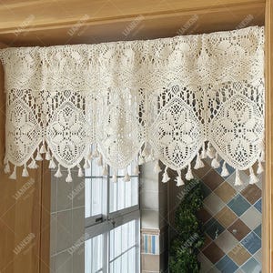 Crochet Window Valance Curtian,Rod Pocket Short Curtian for Kitchen,Farmhouse Café Curtain With Tassles