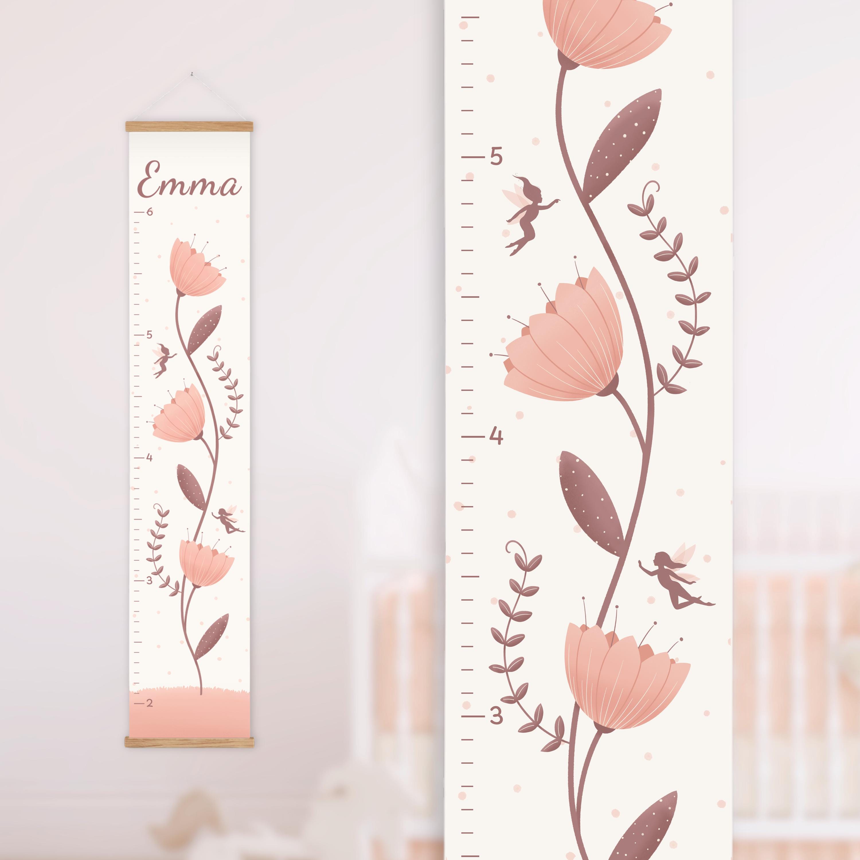 Personalized Fairies Growth Chart for Girls, Pink Floral Height Chart with Name, Girl's Room Wall Hanging, Nursery Decor