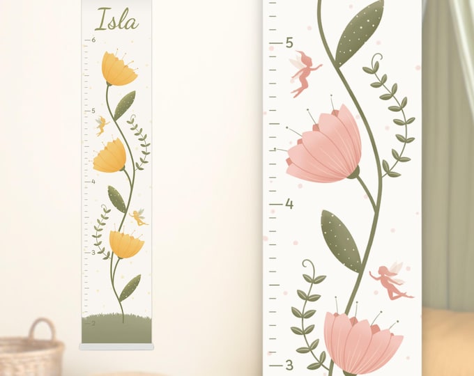 Personalized Growth Chart with Flowers and Fairy, Custom Gift for Baby girl, kids Room Decor