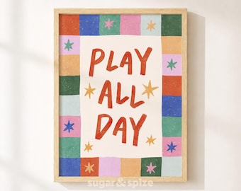 Play All Day Print, Colorful Stars Kids Playroom Poster, Nursery Wall Decor, UNFRAMED