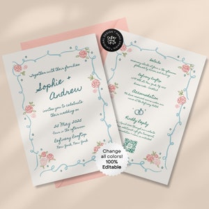 Hand Drawn Floral Wedding Invitation Template, Whimsical Hand Written Save The Date, Pastel Wedding  Illustration, Unique Garden Party | 022