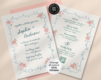 Hand Drawn Floral Wedding Invitation Template, Whimsical Hand Written Save The Date, Pastel Wedding  Illustration, Unique Garden Party | 022
