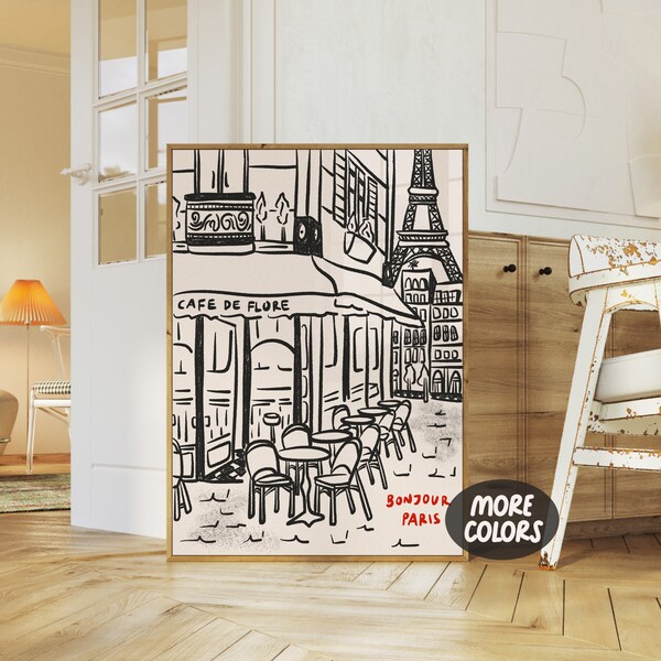 Paris City Print, Hand Drawn Paris France Poster, Retro Trendy Ink Bleed Style, French Cafe Poster, Europe Travel Print, Minimalist Wall Art