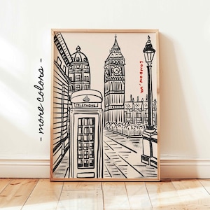 London City Print, Handgezeichnetes London UK Poster, Retro Trendy Ink Bleed Style, England Poster, Europa Reise Print, minimalistische Wandkunst