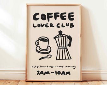 Coffee Lover Club Print, Retro Cafe Espresso Poster, Minimalist Neutral Kitchen Wall Decor, UNFRAMED