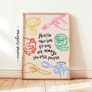 Lámina de Julia Child sobre una cocina caprichosa, póster de comida colorida, arte de personas que aman la comida, decoración de pared retro de dopamina