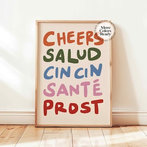 Cheers Salud Kolorowy wydruk, Cin Cin Retro Wine Plakat, Funky Bar Cart Wall Art, Vintage Happy Hour Decor