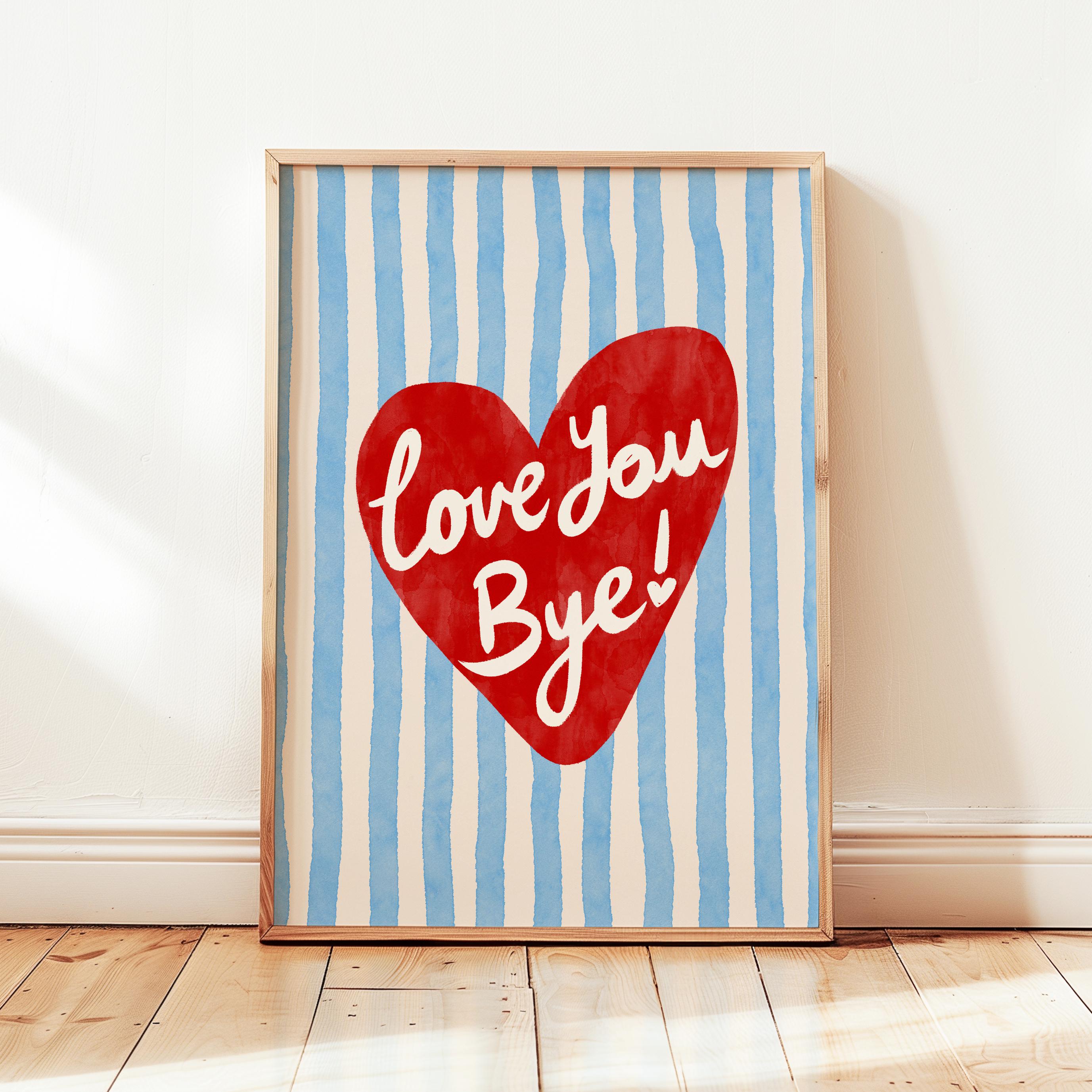 ヴィンテージ風 モノクロポスター「Love You」額装付 73×52cm Love You Bye Print, Retro Heart Stripes Poster, Preppy Girly
