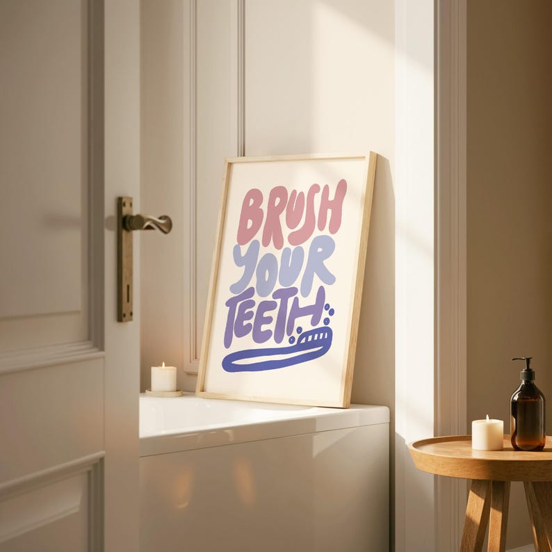Brush Your Teeth Print, Pastel Bathroom Poster, Funky Wash Room Wall ...