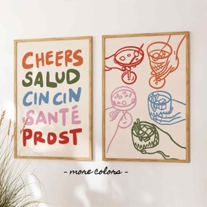 Zestaw wydruków Cheers 2, zestaw plakatów Cin Cin, wydruki kuchenne, dekoracja ścienna do wózka barowego, kolorowe szklanki do napojów