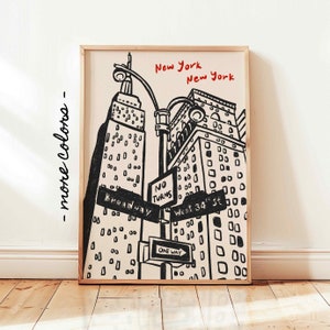 Stampa vintage di New York City, poster con skyline retrò, arte murale di New York disegnata a mano, decorazione alla moda con inchiostro sanguinante