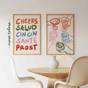 Cheers Print Set of 2, Retro Wine Poster, Colorful Cin Cin Salud Print, Funky Bar Cart Art, Vintage Cocktail Sketch Art