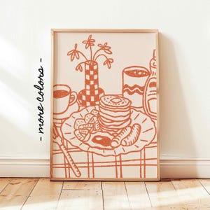 Pfannkuchen Frühstück Print, Dopamin Wand Kunst Poster, Frühstücksbar Prints, Retro 70er Jahre Küche Handgezeichnete Wanddekoration