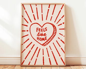 Feels Like Home Printable, Retro Heart Quote Poster, Vintage Entryway Wall Decor