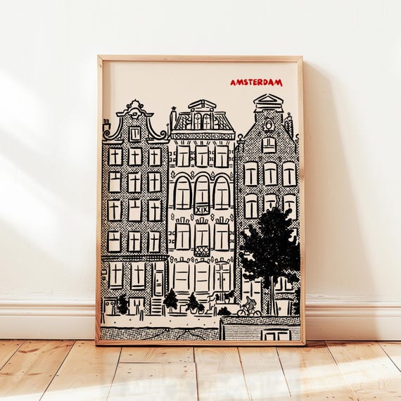 Amsterdam City Print, Netherlands Holland Poster, Retro Europe Travel Minimalist Decor, UNFRAMED