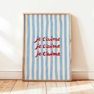 Je T&#39;aime Print, I Love You French Quote Poster, Retro Stripes Illustration, Vintage French Vibes Wall Art, Typography Decor