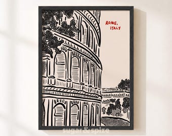 Rome City Italy Print, Retro Colosseum Poster, Europe Travel Minimalist Vintage Wall Decor, UNFRAMED