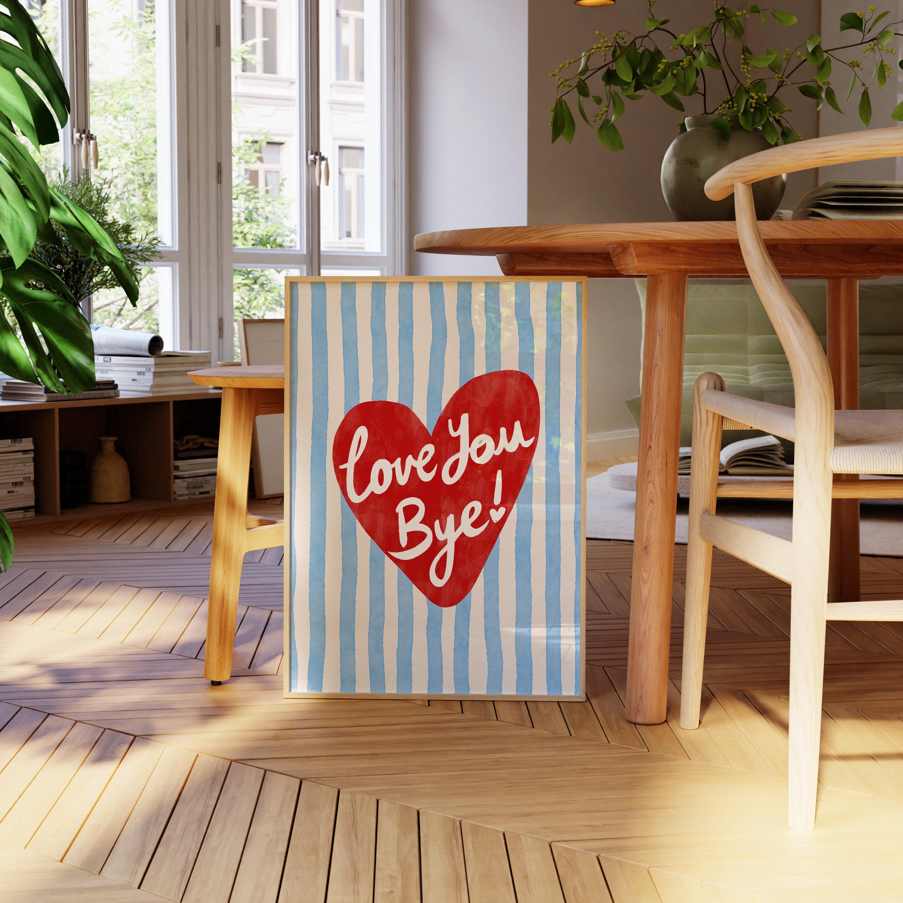 Love You Bye Print, Retro Heart Stripes Poster, Preppy Girly