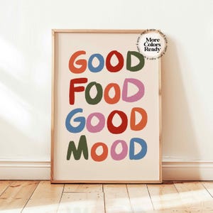 Gutes Essen Gute Laune Print, Bunte Küche Esszimmer Wandkunst, Funky Foodie Poster, Retro Küche Kochen Dekor