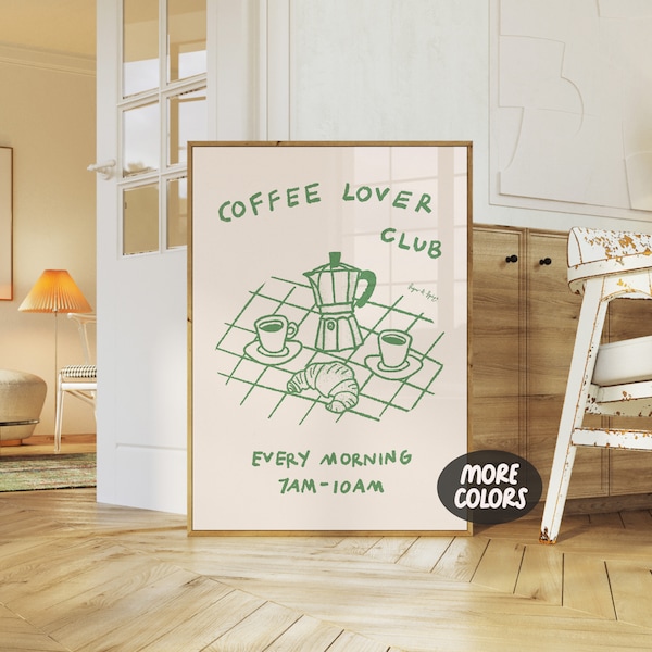 Coffee Lover Club Print, Coffee Lover Gift, Retro Coffee Poster, Croissant Art, Food Sketch Art, Sage Green Minimal Kitchen Art