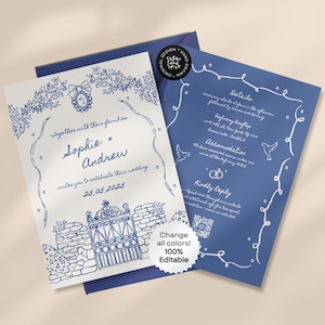 Handgezeichnete Einladungsvorlage, Hochzeitseinladung Toile, Bridgeton Inspirierte Illustration, Gartenparty, Preis & Vorurteil, Dusty Blue | 023