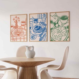 Dopamin Küche Poster Set von 3, Pasta Wandkunst, Pfannkuchen Frühstück Funky Poster, Espresso Kaffee Druck, Esszimmer Eklektisches Dekor