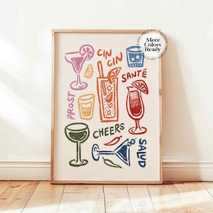 Prost Glasdruck, Buntes Retro Cocktail Plakat, Weingläser Getränk Wandkunst, Funky Bar Warenkorb Kunst, Vintage Getränke Skizze Kunst