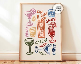 Può includere: Un'illustrazione colorata di diversi tipi di bicchieri con le parole "PROST", "CIN CIN", "SANTE", "CHEERS" e "SALUD" scritte intorno a loro.
