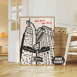 New York City Vintage Print, Retro New York Skyline Print, Hand Drawn NYC Poster, Trendy Ink Bleed Style, Instant Download