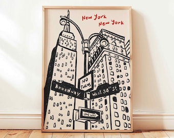 New York City Vintage Print, Retro Skyline Poster, Hand Drawn NYC Wall Art, Trendy Ink Bleed Style Decor