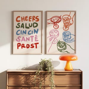 Juego de 2 imprimibles "Cheers", impresiones coloridas para la cocina, decoración de pared con vasos para carrito de bar