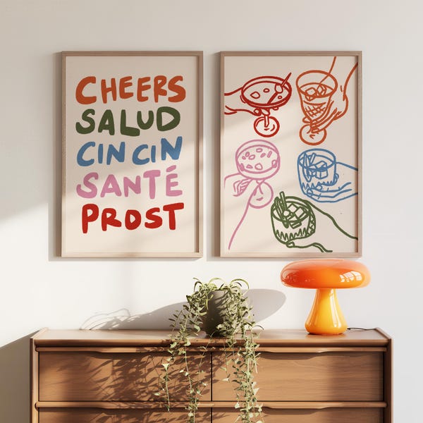 Cheers Printable Set of 2, Colorful Kitchen Prints, Bar Cart Glasses Wall Art Decor