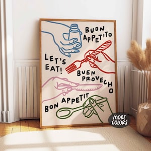 Stampa disegnata a mano Buon Appetito, Poster Bon Appetit, Stampa Let's Eat, Stampa da cucina moderna, Detti di cucina, Arte della parete della sala da pranzo alla moda