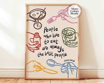 Impresión de Julia Child sobre una cocina caprichosa, póster de comida colorida, decoración de pared artística "A la gente le encanta comer"