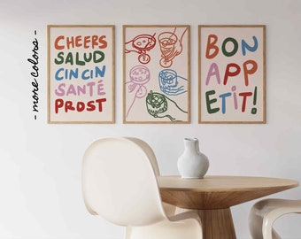 Cheers Printable Set Of 3, Colorful Bon Appetit Poster, Minimalist Kitchen Bar Cart Wall Decor