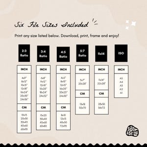 May include: A beige print with the text "Six File Sizes Included" and size options for printing. Includes inch and centimeter measurements for various ratios, such as 2:3, 3:4, and 4:5, with sizes like 6x9 inches and 15x20 cm.