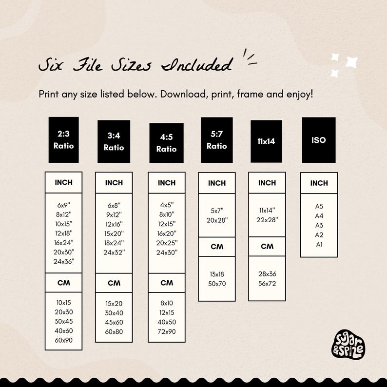 May include: A beige print with the text "Six File Sizes Included" and size options for printing. Includes inch and centimeter measurements for various ratios, such as 2:3, 3:4, and 4:5, with sizes like 6x9 inches and 15x20 cm.