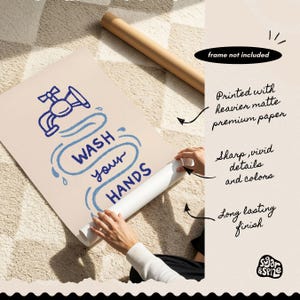 May include: A rolled-up poster with the text "WASH your HANDS" in blue, featuring a faucet illustration. The poster is on a beige background, with text indicating it's printed on premium paper with sharp details and colors.