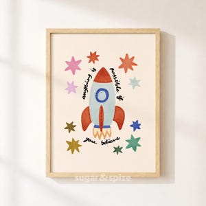 Anything Is Possible Print, Colorful Rocket Ship Stars Kids Poster, Nursery Wall Decor, UNFRAMED
