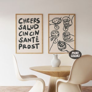 Cheers print set van 2, retro wijnposter, neutrale cin cin salud print, funky bar cart kunst, vintage cocktail schets kunst